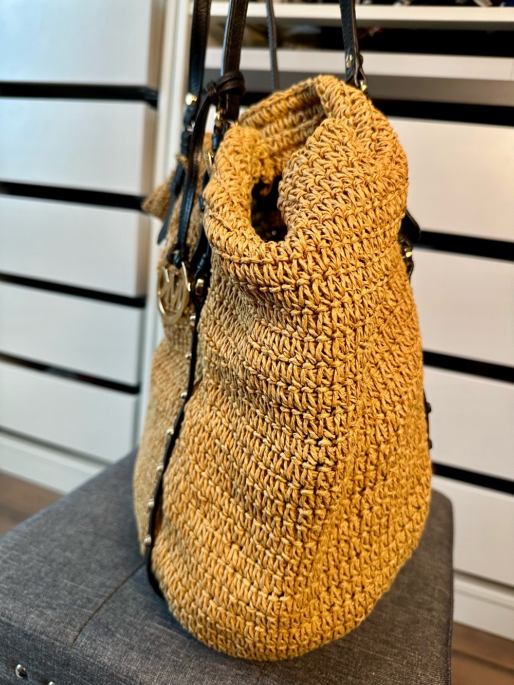 Michael Kors Mustard Yellow Woven Tote with Black Trim - Picture 7 of 14